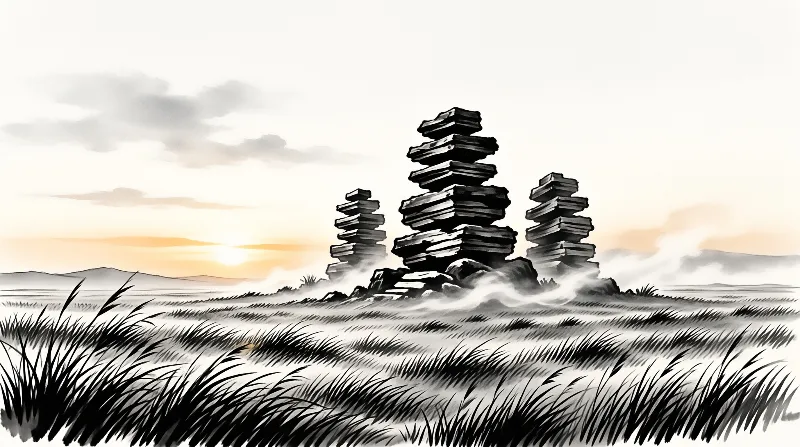 Three stacked stone cairns stand on a foggy grassy plain with a sunset glow on the horizon.