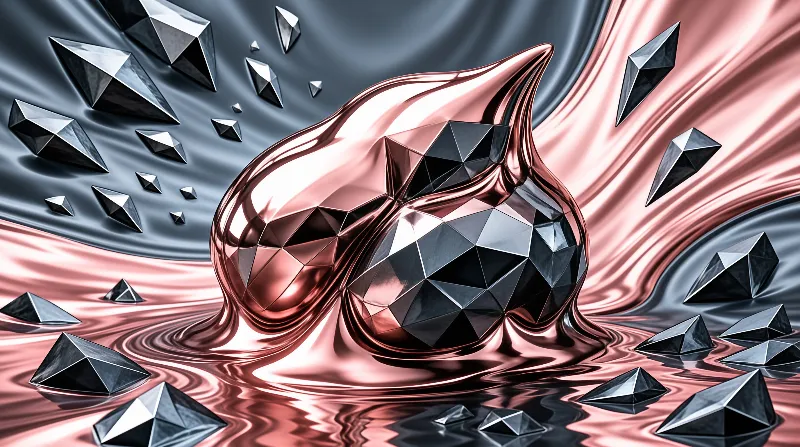 A shiny rose gold molten blob contains angular dark crystals while floating on a rippled metallic surface.