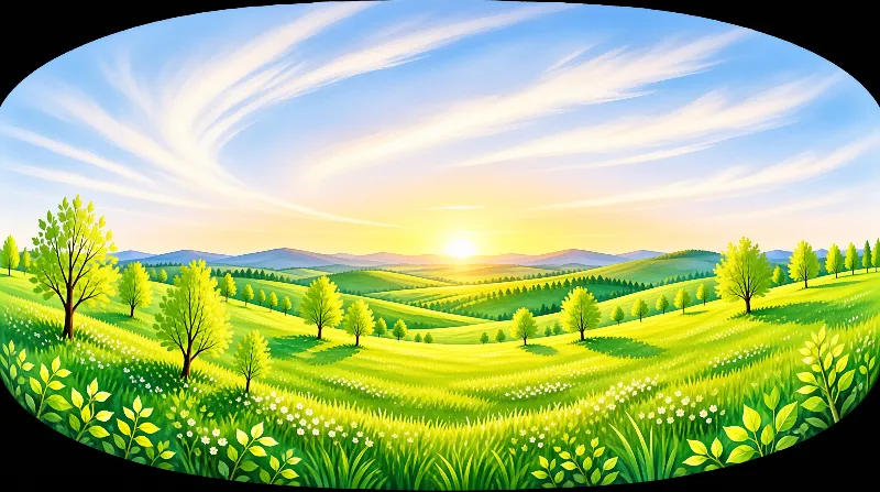 An illustrated landscape of bright green hills dotted with young trees beneath a swirling sunrise sky