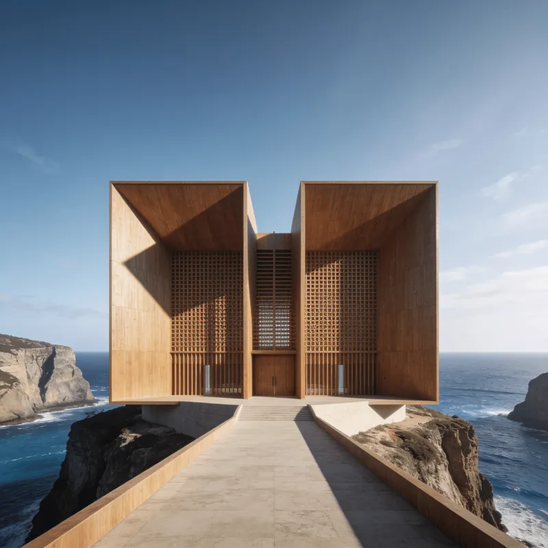 Cultural Center with Wooden Lattice — Coastal Cliff