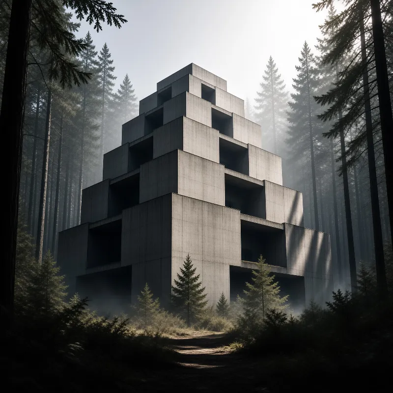 Concrete Ziggurat in Misty Forest