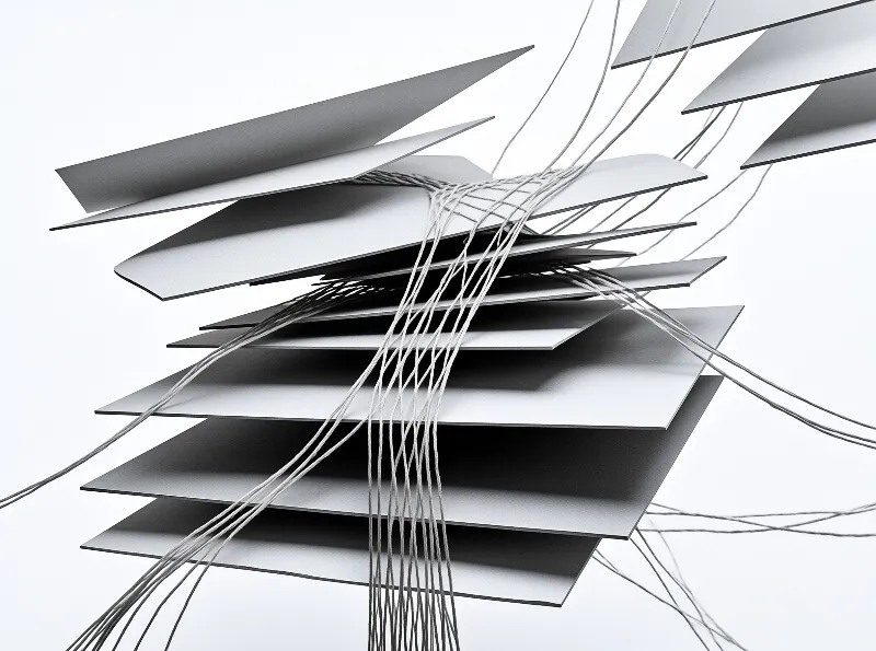 Grey planks float in a white void, wrapped by thin white strings extending outward from the suspended stack.