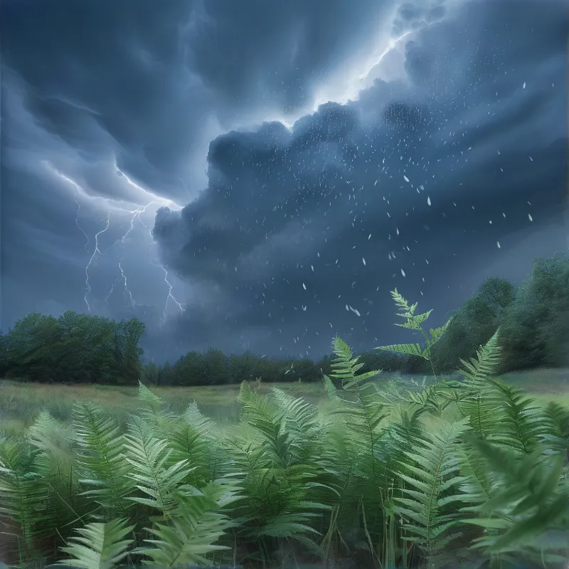 Bright lightning strikes near a forest while lush green ferns grow in the foreground under dark storm clouds.