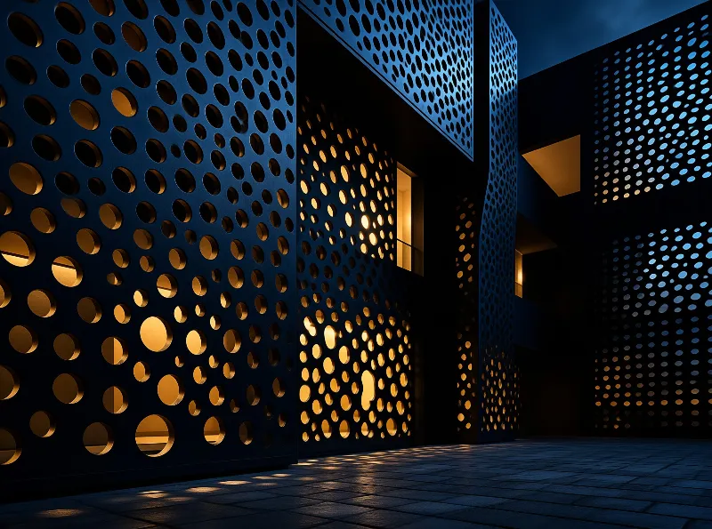A perforated metal wall with circular cutouts emits warm golden light into a cool blue twilight courtyard.