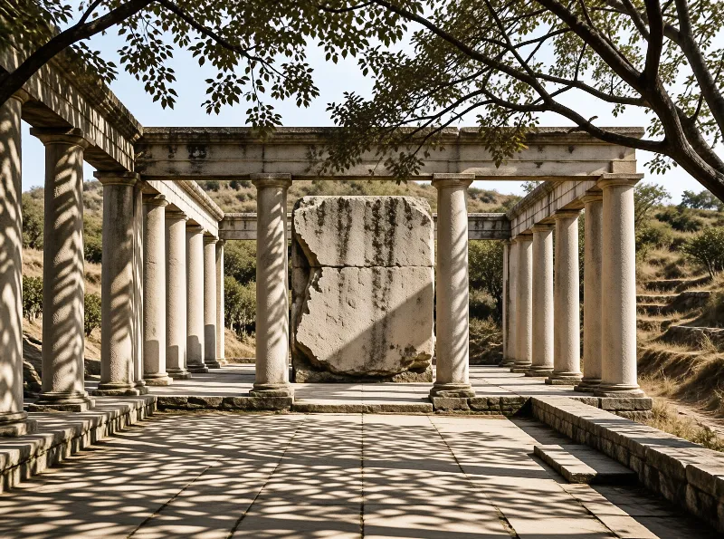 Pale stone columns form an open classical courtyard around a rough megalith, dappled with shadows of overhanging leaves.