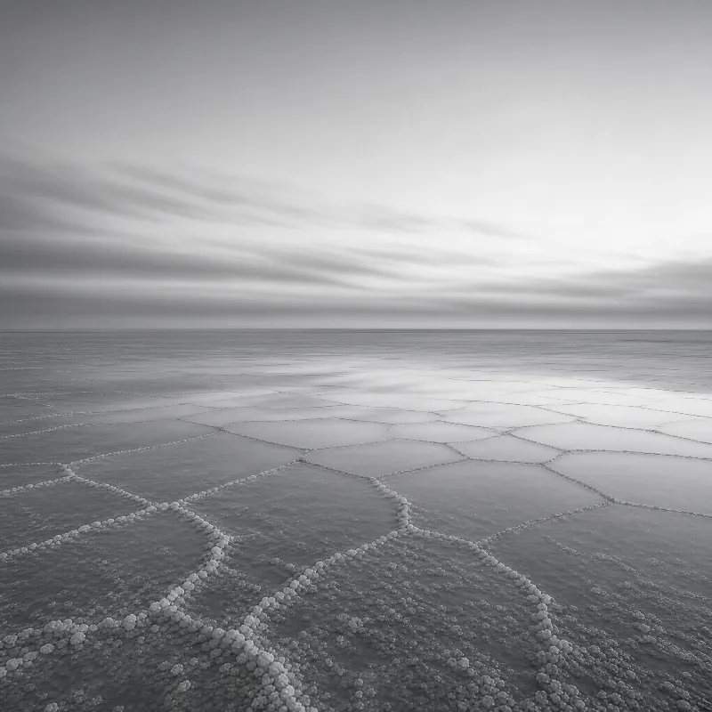 A black and white view of a coastal salt flat with hexagonal salt formations and calm water under an overcast sky