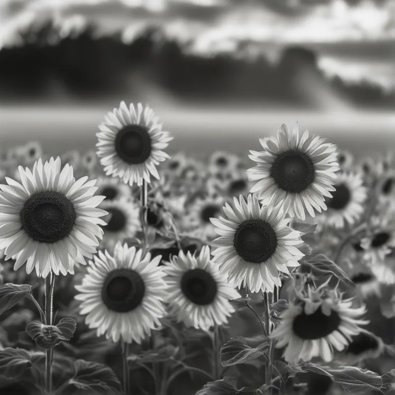 Blooming sunflowers in focus in a black and white field, with blurred distant blooms and hazy dark trees in the background.