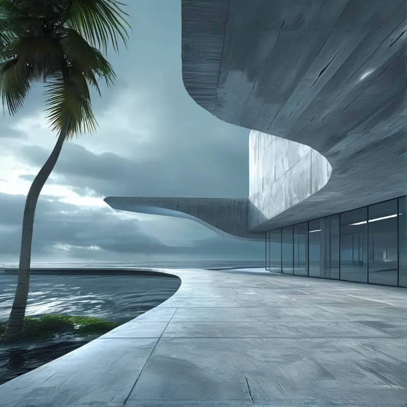 Curved concrete building borders the ocean beside a paved patio under cloudy skies with a tall palm tree.
