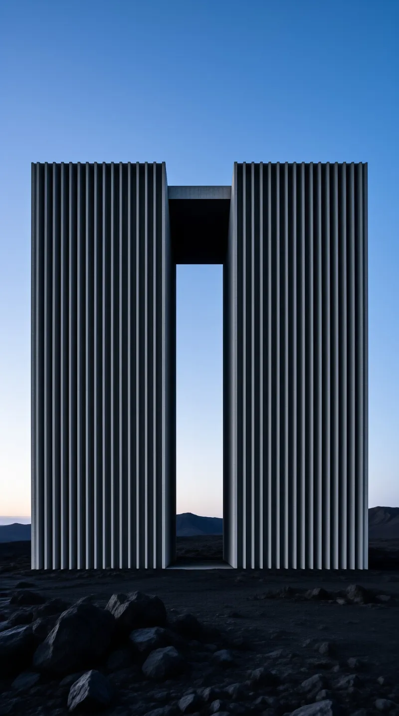 Two tall modern towers with vertical concrete ribs stand in a barren rocky desert under a clear gradient sky at blue hour.