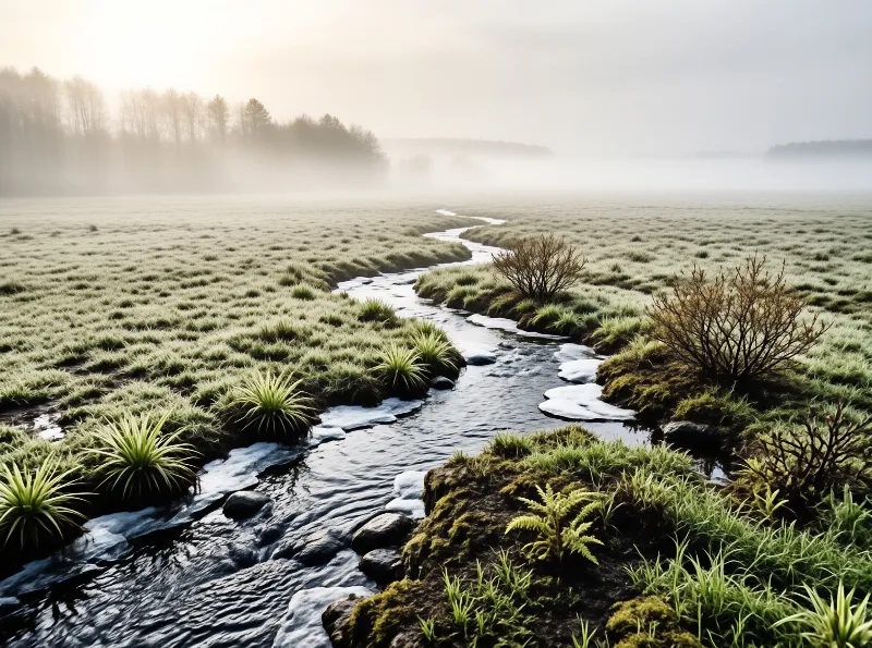 A winding stream cuts through a misty bog with soft light illuminating mossy banks and a distant tree line.
