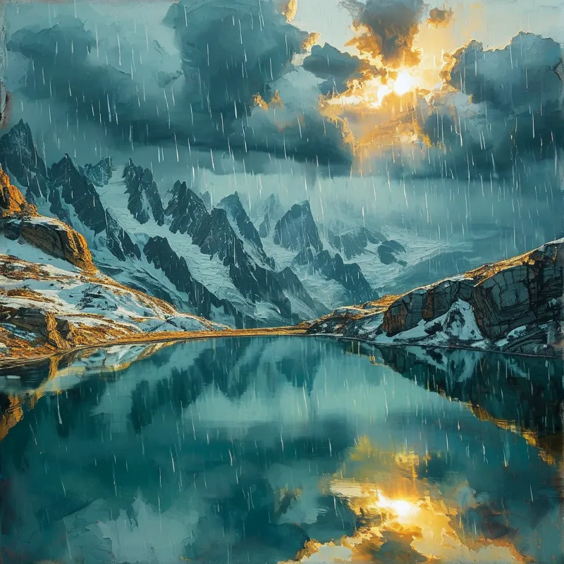 A calm alpine lake mirrors jagged snow-covered peaks while rain falls under a sky pierced by bright sunlight.