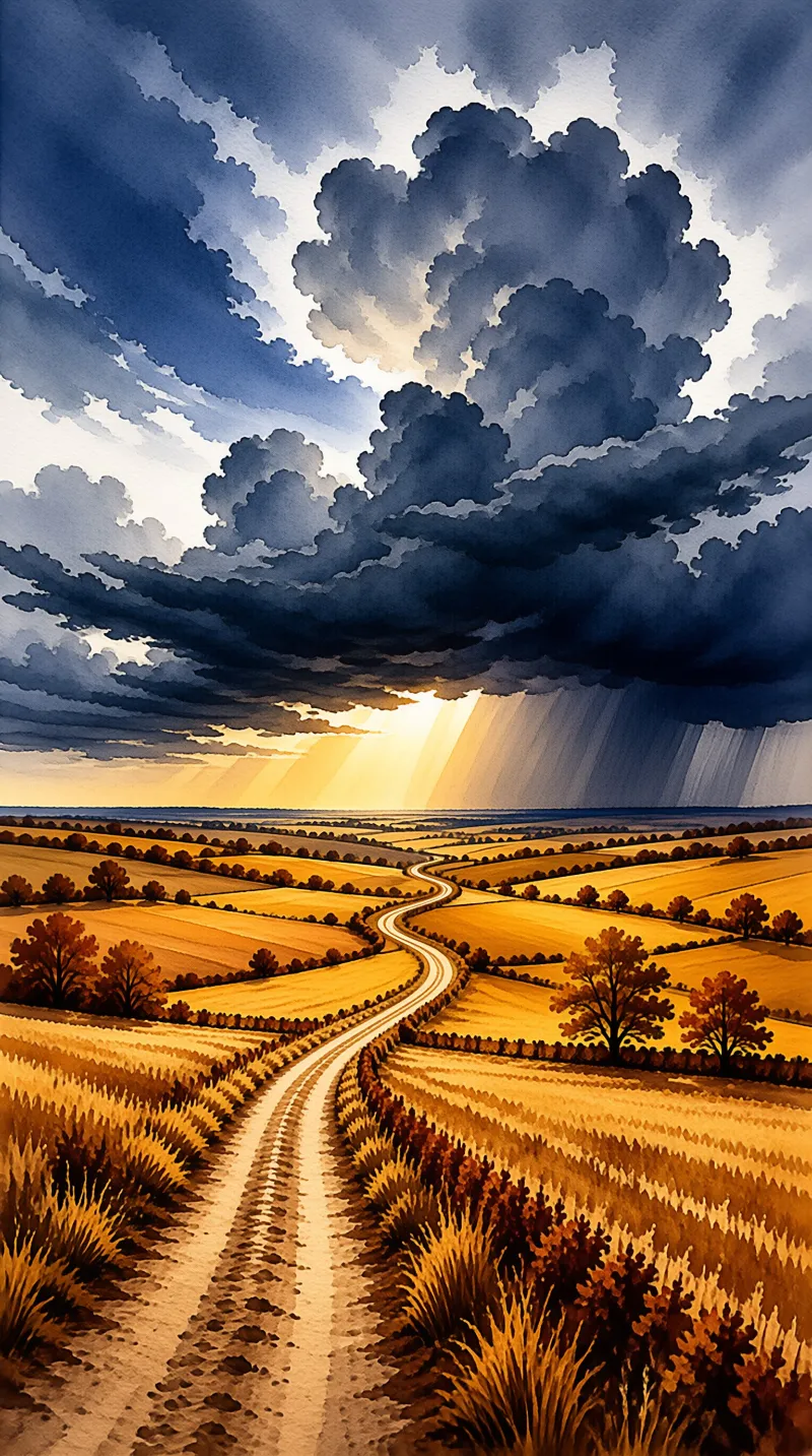 A watercolor landscape shows a pale road threading between ripe wheat fields beneath dark storm clouds pierced by sunbeams.
