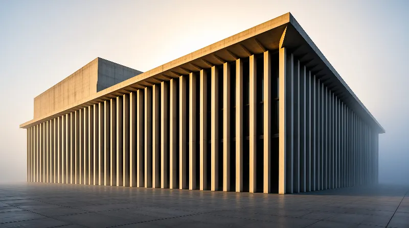A minimalist structure features repeating vertical columns illuminated by warm sunlight against a foggy horizon.