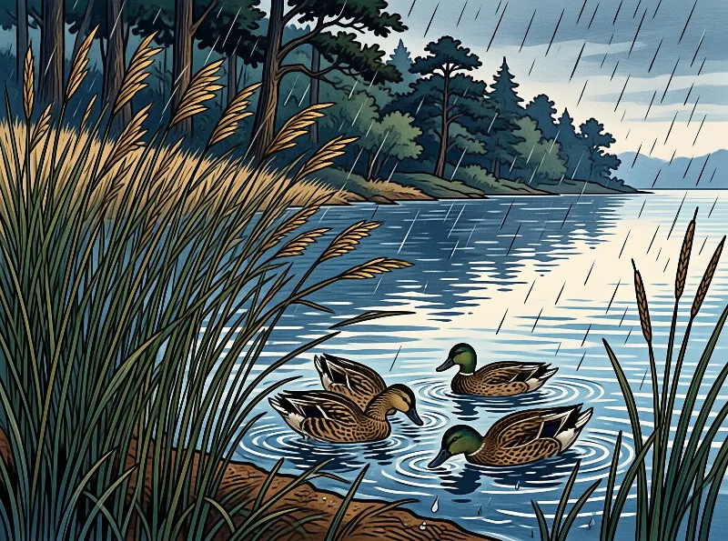 A group of four mallards swims through a blue lake while diagonal rain falls against a forested background.