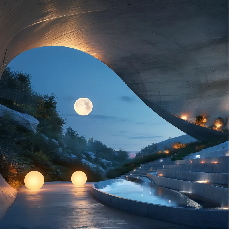 A massive concrete curve frames a twilight view of a full moon rising over a rocky landscape with glowing pool lights.