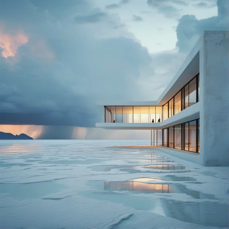Minimalist white building on a cracked salt flat with sunlight beams cutting through dark clouds.