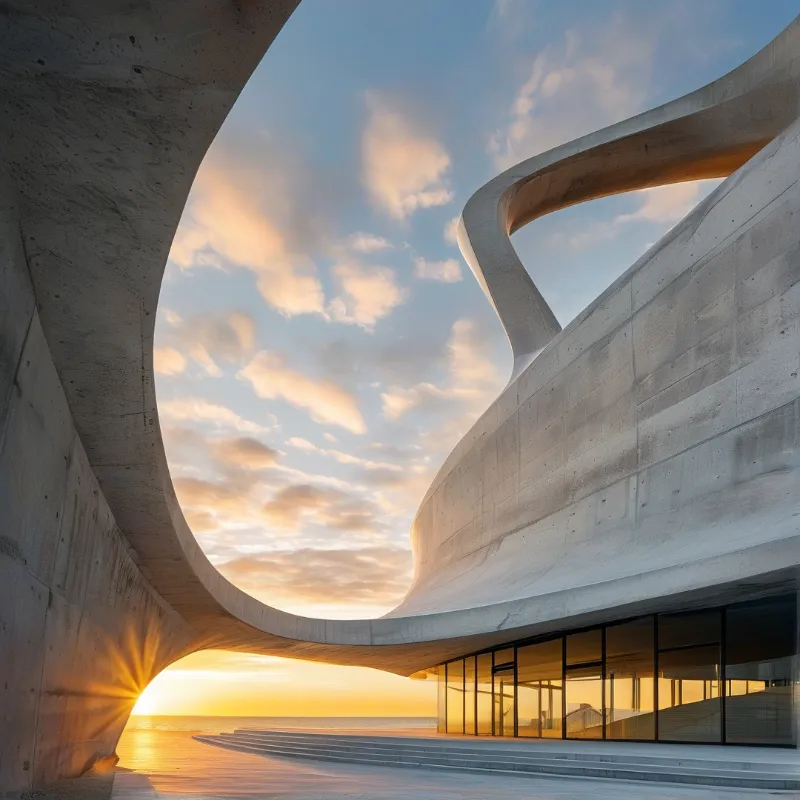 A massive concrete building curves over the beach as golden sunlight streams through its archway onto the water.