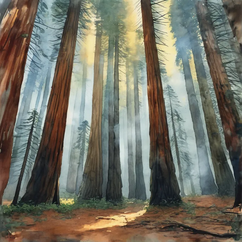 Tall trees stand in a misty forest with golden sunlight streaming through the branches and onto the ground.