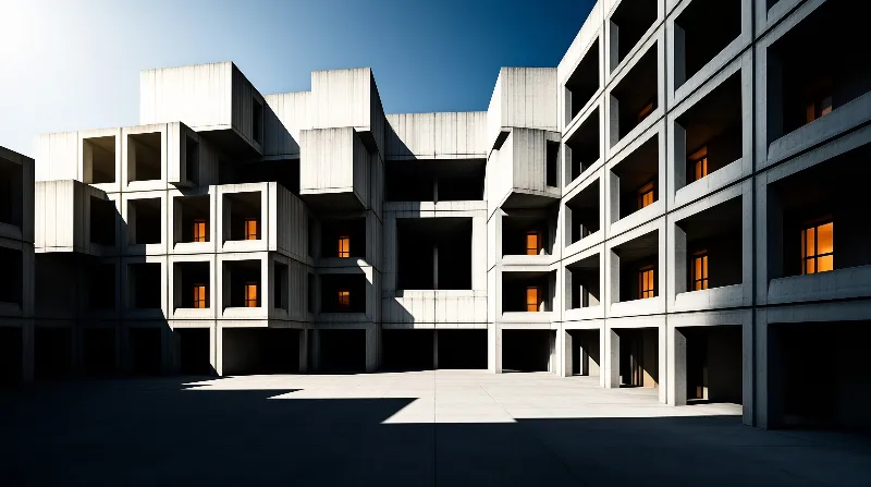Raw geometric concrete apartment blocks enclose a paved open courtyard, their warm glowing windows contrast against sharp bright sun and deep dark shadows under a clear blue sky.