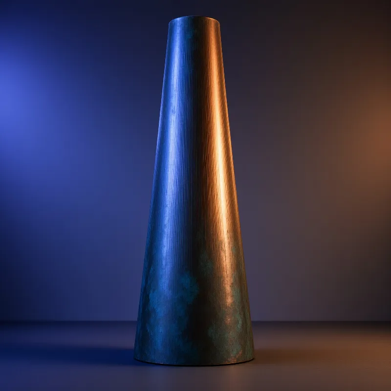 A tall metallic cone stands against a dark background, illuminated by contrasting blue and orange lights that highlight its brushed surface.