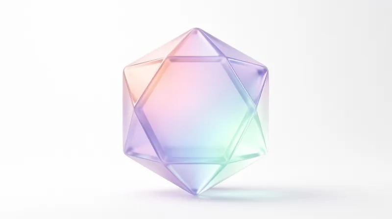 A see-through geometric shape featuring pink and blue gradients resting on a plain white background.