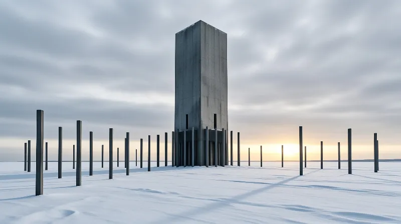A concrete tower stands on a snowy plain surrounded by dark pillars under a cloudy sky with a faint glow near the horizon.