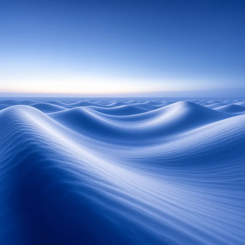 Extensive rippled terrain in shades of blue extends toward a bright strip along the distant horizon.