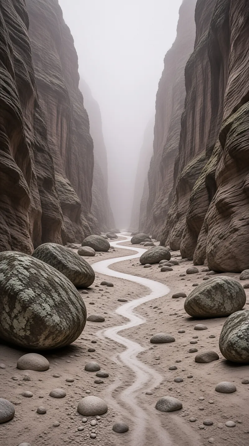 A pale stream winds through a deep canyon lined with steep rock walls and large smooth boulders under a foggy sky.