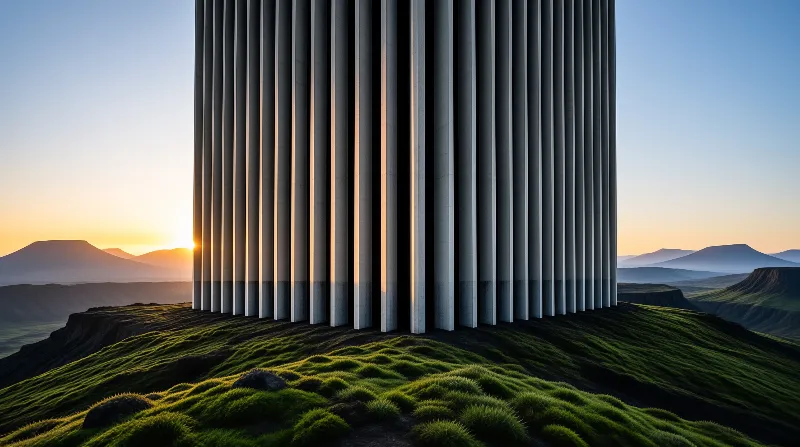 Tall fluted concrete columns rise from a mossy green ridge as the sun sets behind distant hills.