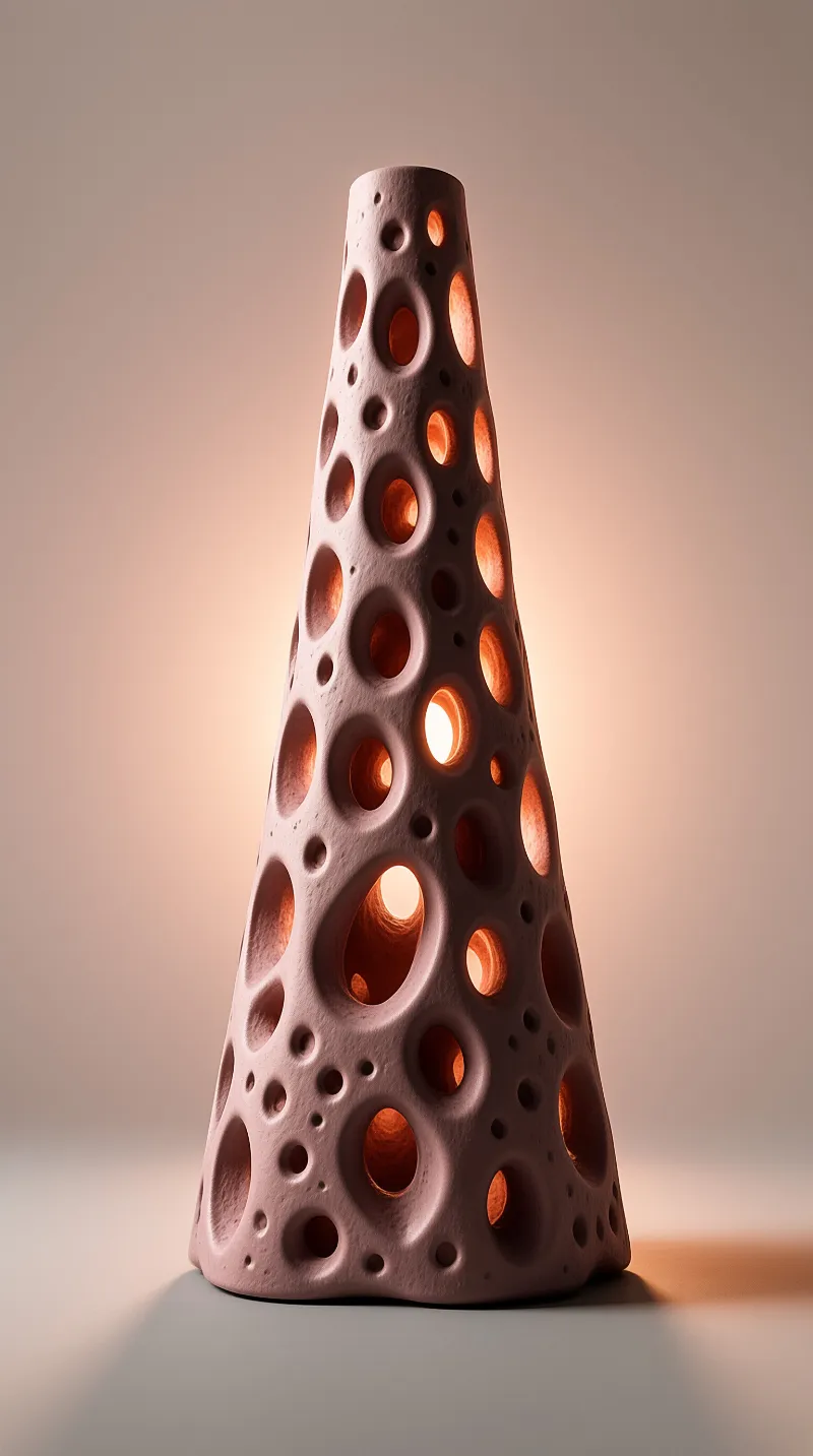 A tall mauve ceramic cone pierced with holes glows softly from an internal light against a warm gradient