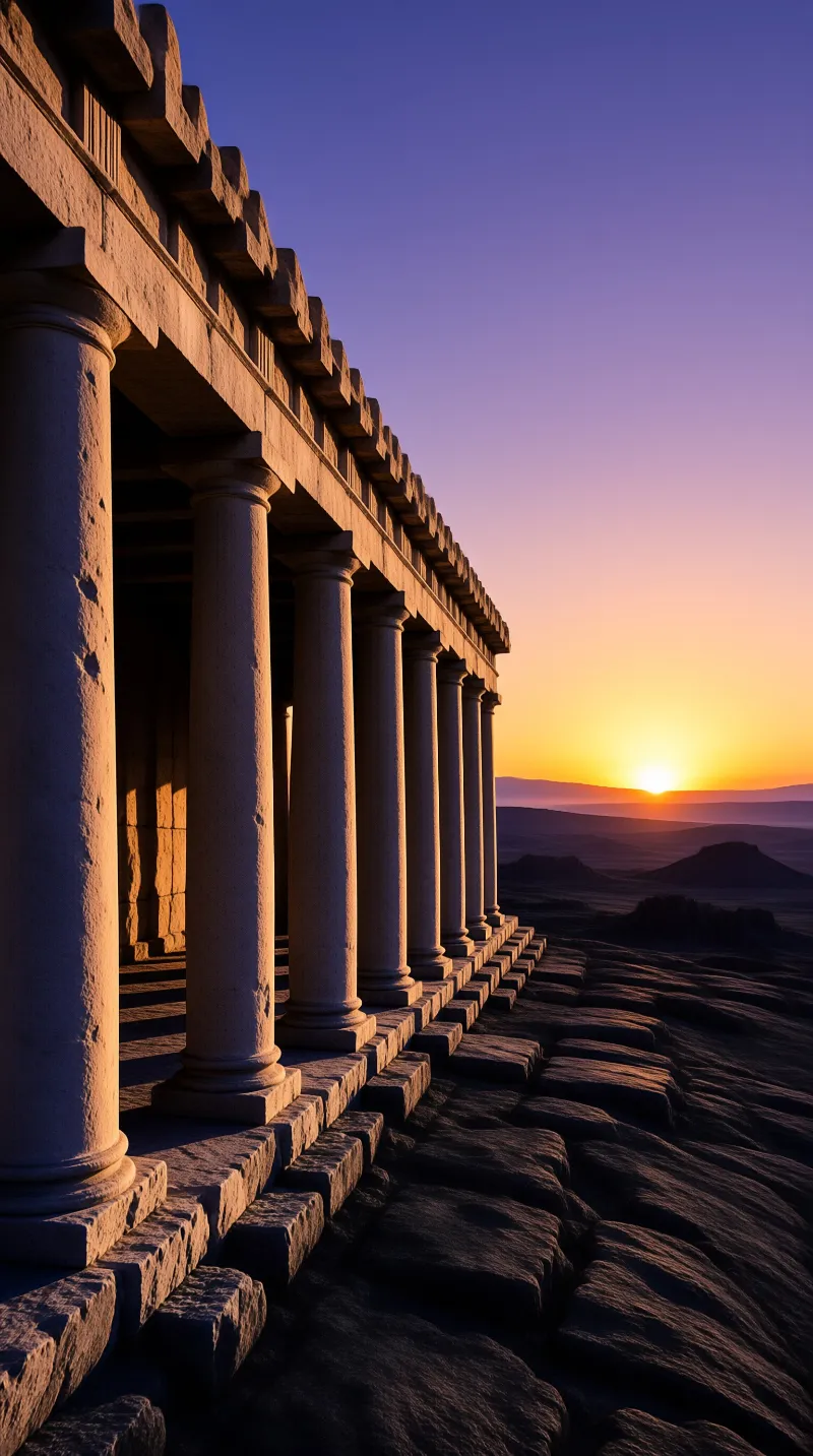 Classical stone columns stand on a rocky base under a sky transitioning from purple to orange at sunset.