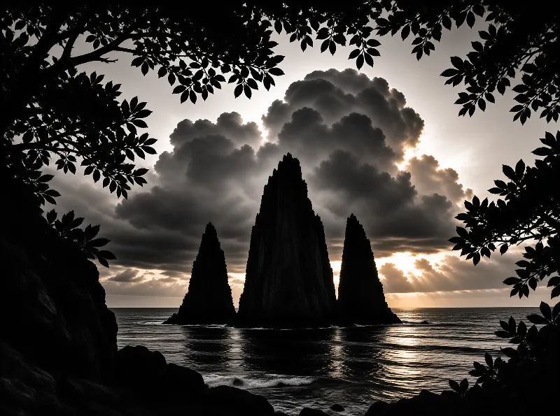 Weathered pale timber curves among crusted rocks on a calm monochrome shoreline under a gray sky.