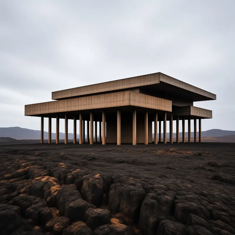A flat-roofed colonnade of pale stone rests on jagged black lava fields under a heavy grey overcast sky.