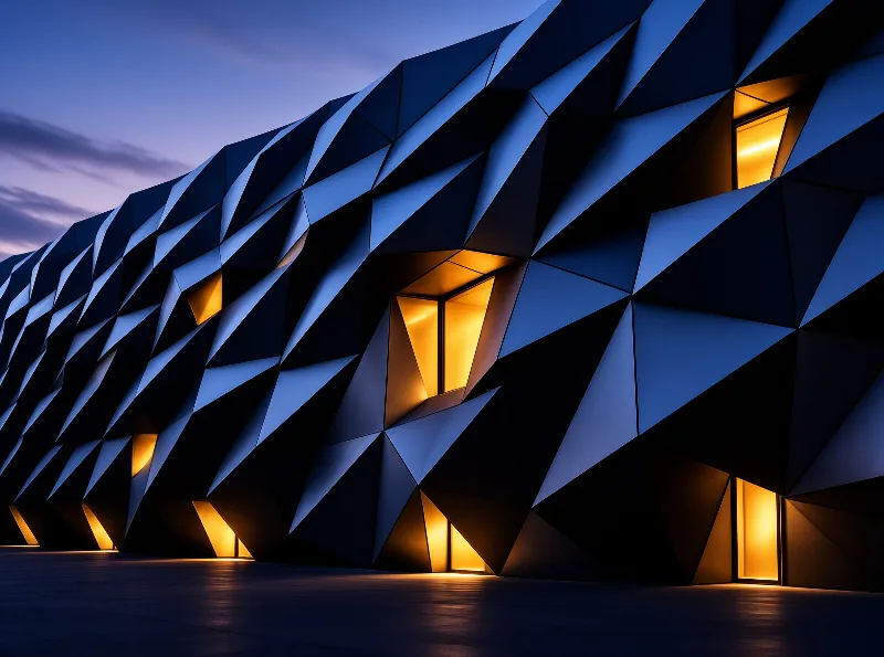 A modern structure with a geometric exterior emits warm yellow light from within against a darkening blue evening sky.