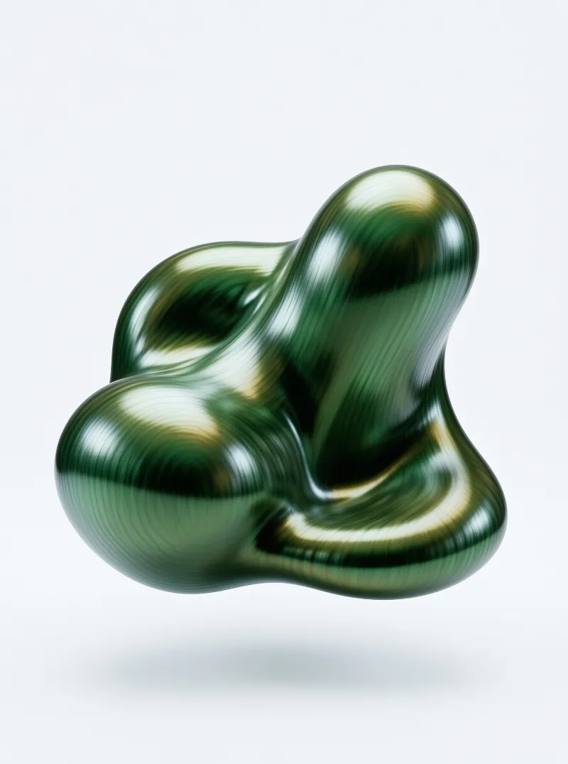 A smooth emerald green metallic object floats against a plain white background featuring bright specular highlights.