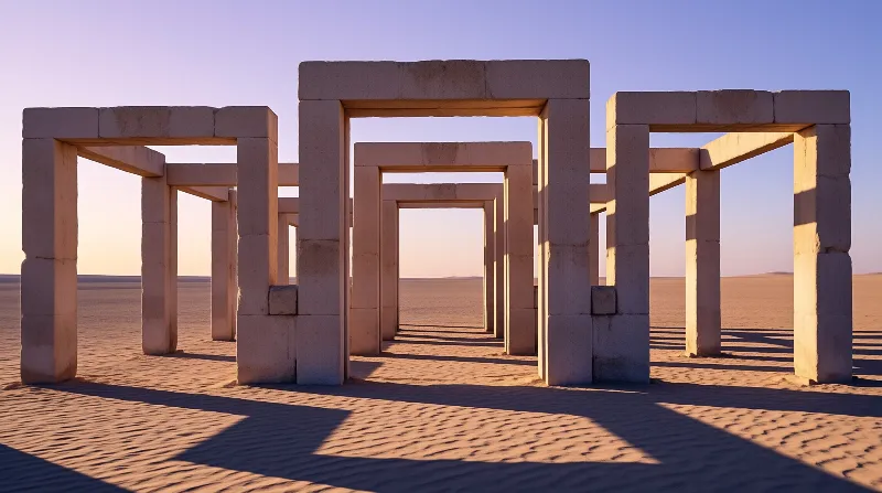 A row of massive rectangular stone structures stands in a desert landscape, creating a tunnel of light and shadow as the sun sets near the horizon.