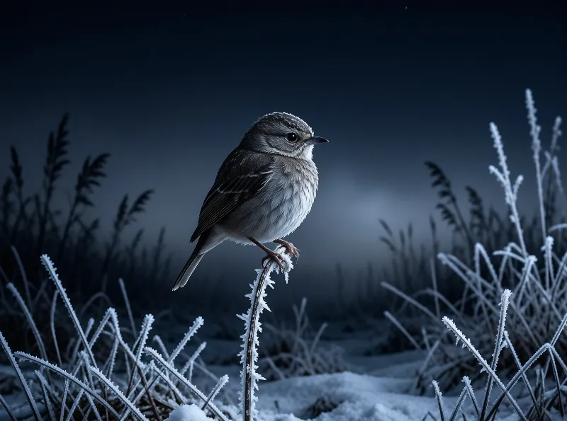 A small brown and white bird grips a frost-covered stalk above snowy ground under a deep blue night sky.