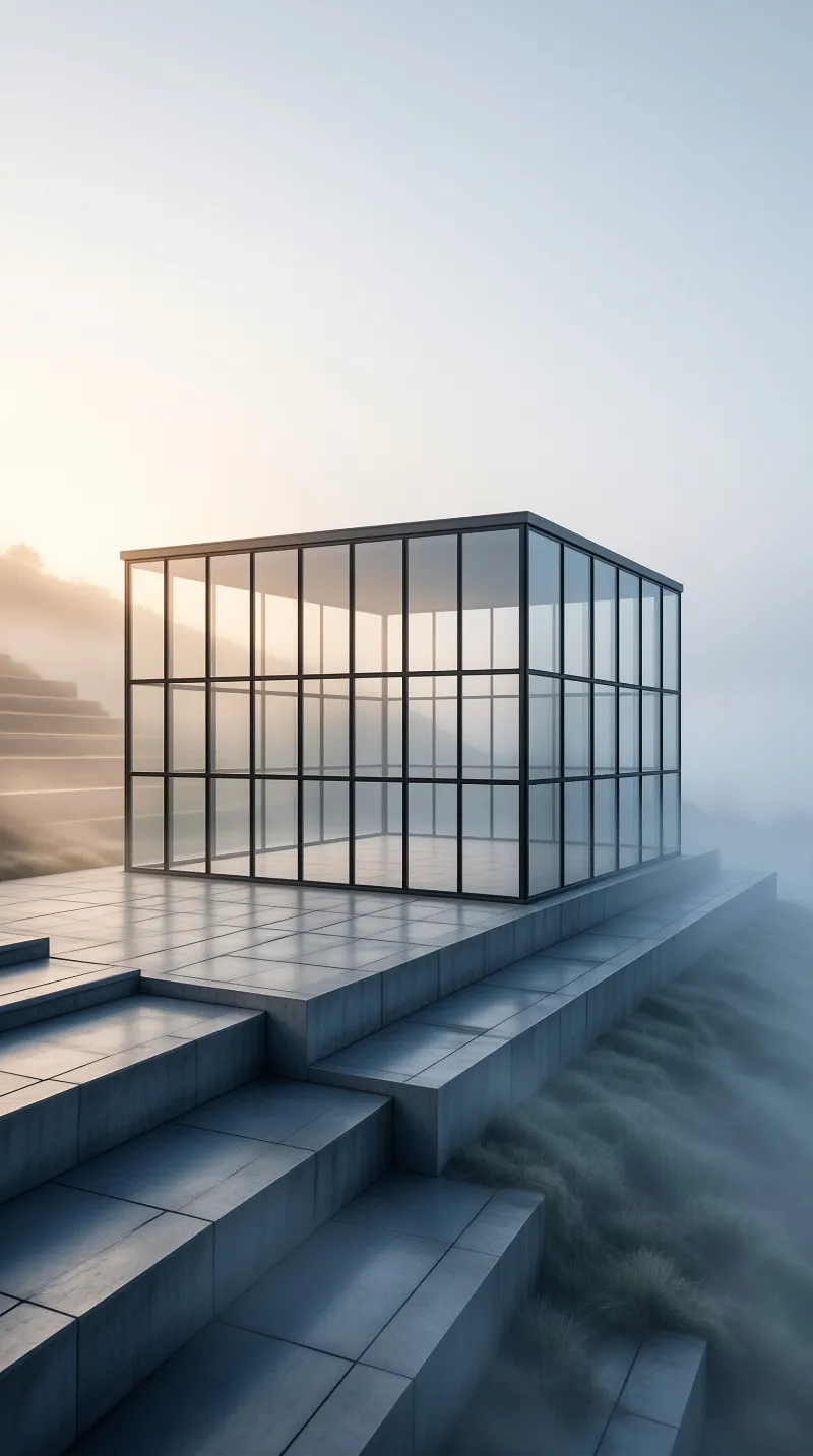 A transparent rectangular room of black framed glass stands on stone steps lost in soft morning mist.