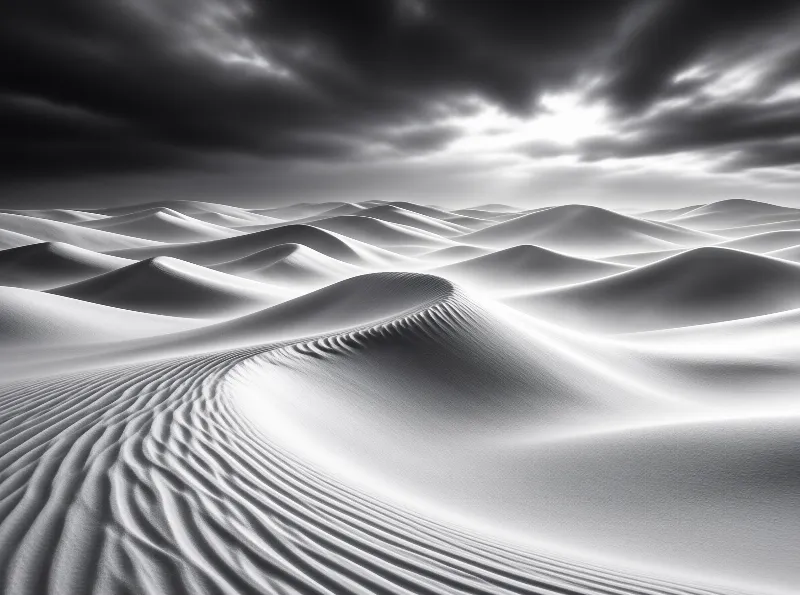 A monochrome landscape showing rolling desert dunes with wind sculpted ripples under a heavy cloudy sky where sunlight breaks through.