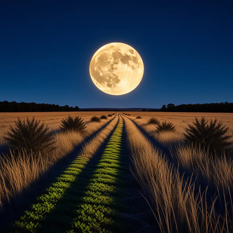 A full moon glows above a dry wheat field with a green path running to a dark treeline under a deep blue twilight sky