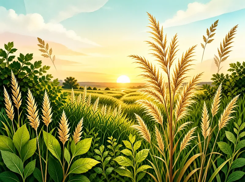 Tall golden grasses stand in the foreground of a green field as the sun sets on the horizon.