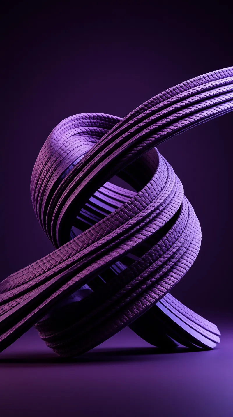 Purple braided cords spiral dynamically against a dark violet background with sharp texture details.