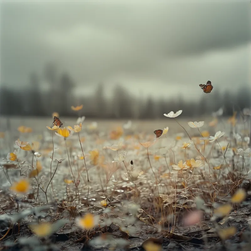 Orange and black butterflies flutter above yellow wildflowers in a misty meadow with a blurred tree line under a grey sky.