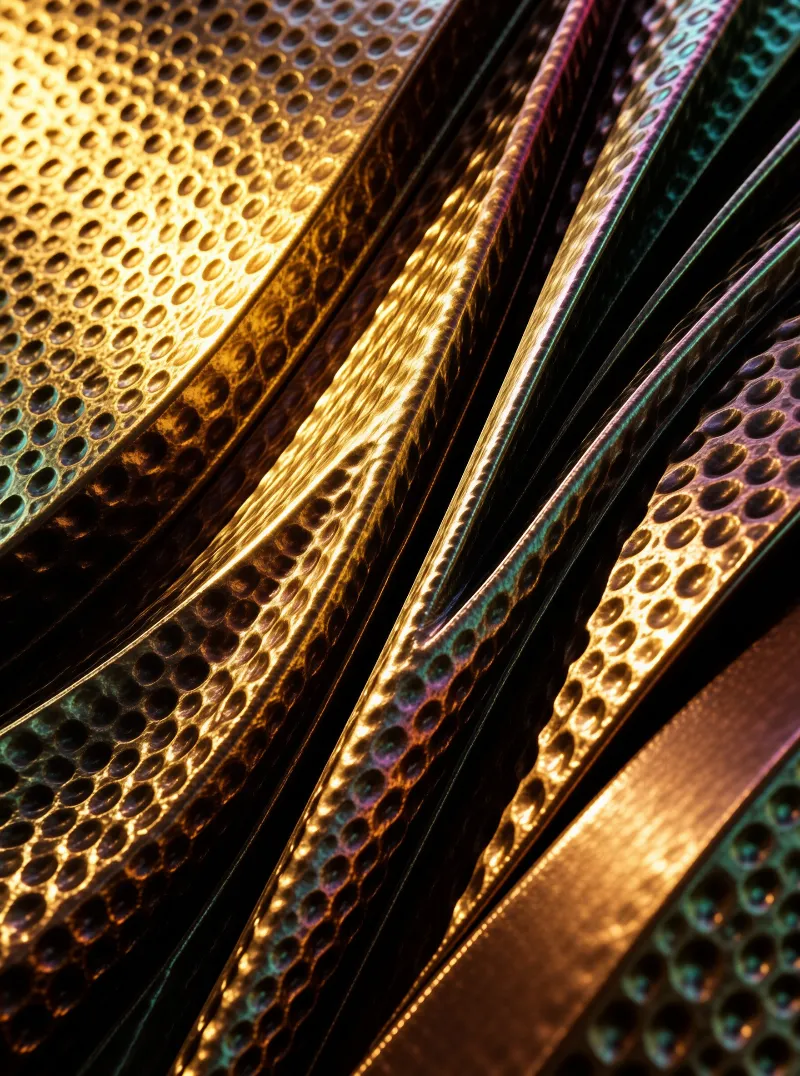 Diagonal rows of perforated metal sheets display golden highlights and deep shadows.