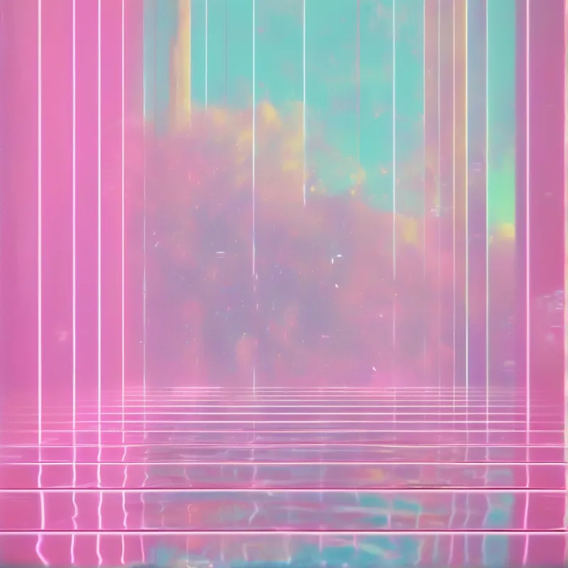 Vertical streaks of magenta and cyan glow above a glossy tiled floor, dissolving into a pastel retro dreamscape of soft fog.