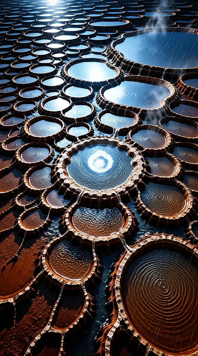 Interconnected salt evaporation ponds display rippled blue water surfaces catching bright sunlight in a grid.
