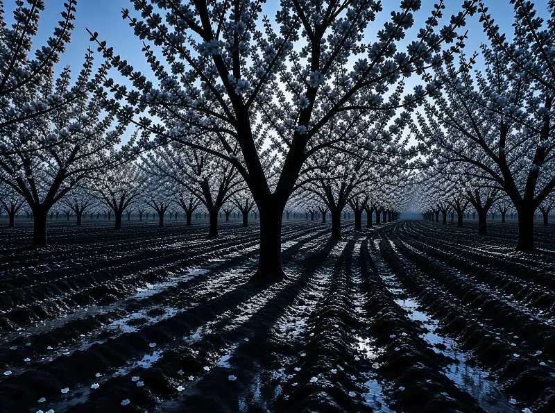 Dark silhouetted apple trees heavy with pale blossoms line furrowed soil beneath a cold blue evening sky