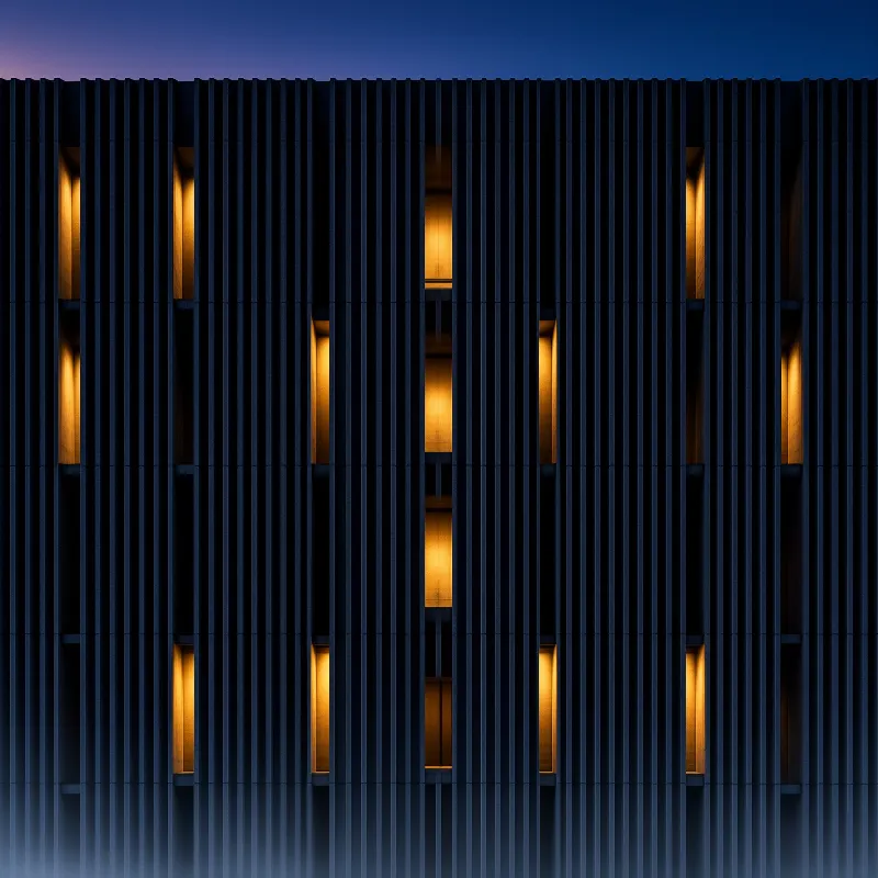 A dark building exterior features vertical slats hiding windows that glow with warm yellow light against a blue twilight sky.