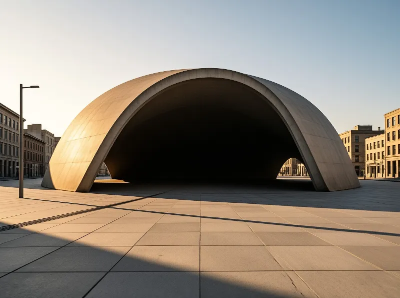 A curved concrete arch covers a wide paved public square, warm low morning light casts long shadows across the tiled ground with traditional stone buildings lining the background.