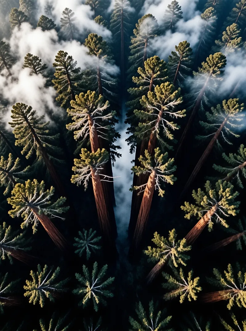 Tall trees with golden-hued foliage rise vertically through swirling misty clouds.